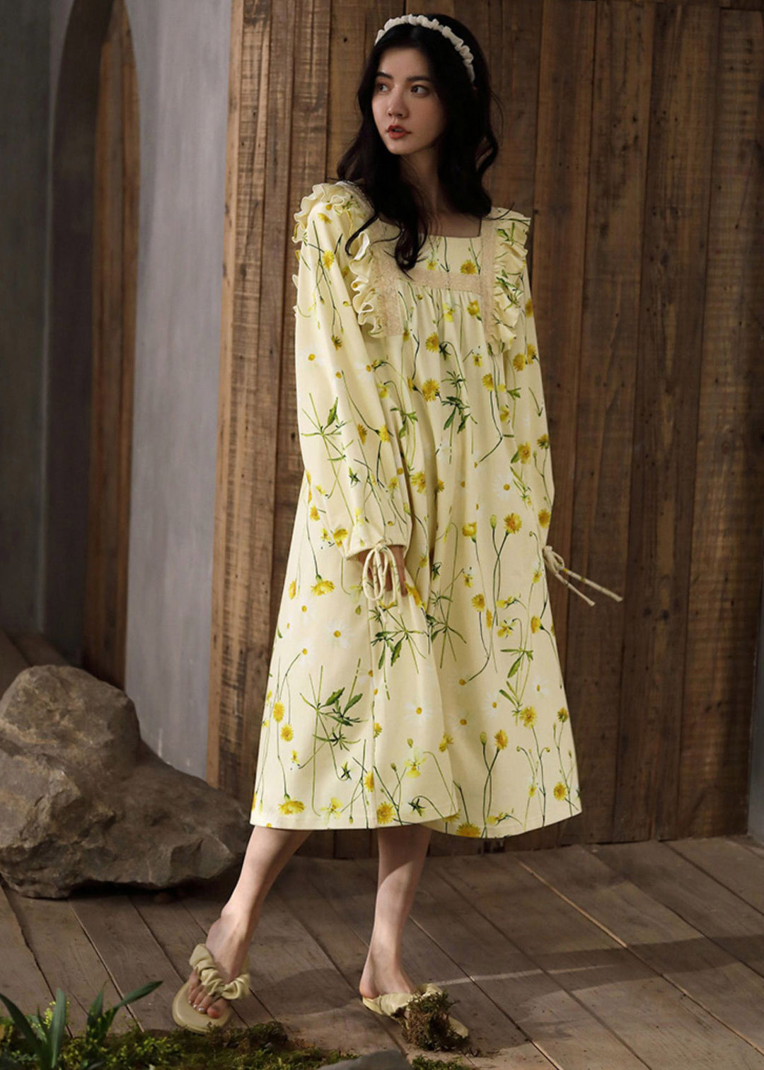 Cute Yellow Square Collar Ruffled Print Cotton Long Dress Spring