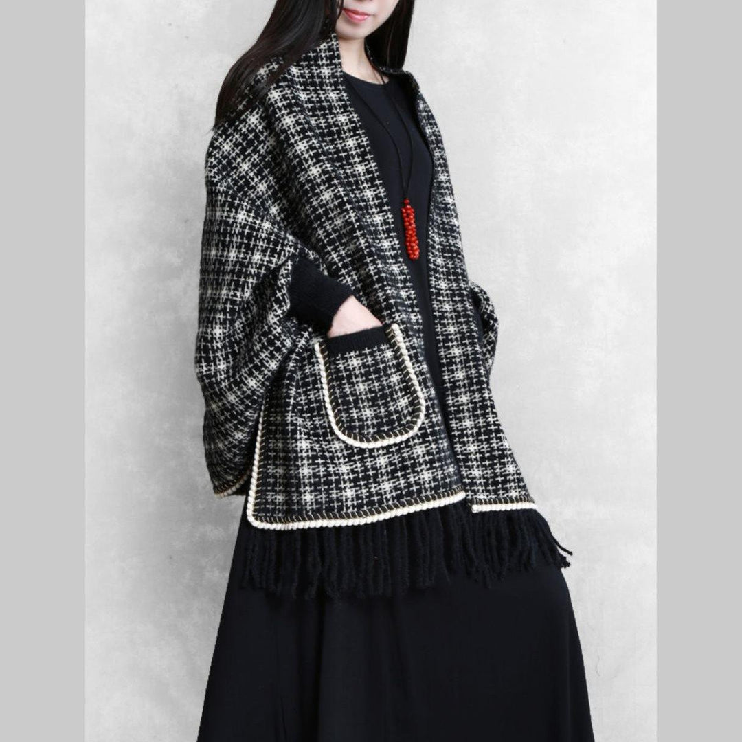 Cute black knit coats trendy plus size knitwear Batwing Sleeve Tassel - Omychic