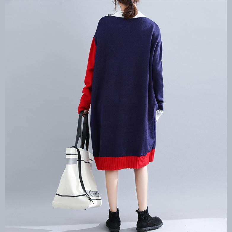 Cute blue o neck Sweater weather Vintage patchwork  Tejidos knit dress autumn - Omychic
