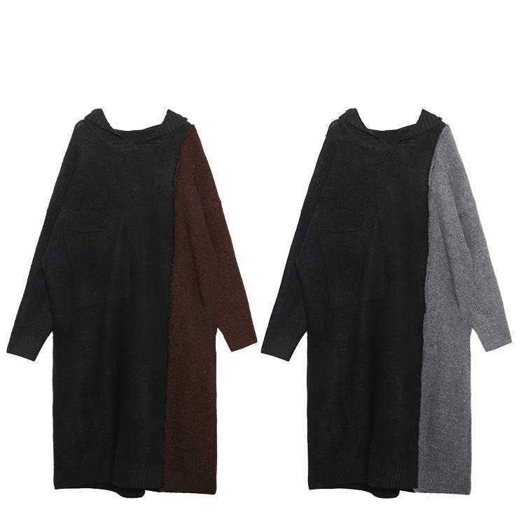 Cute Brown Patchwork Sweater Aesthetic Women Hooded Winter Knitted Dresses