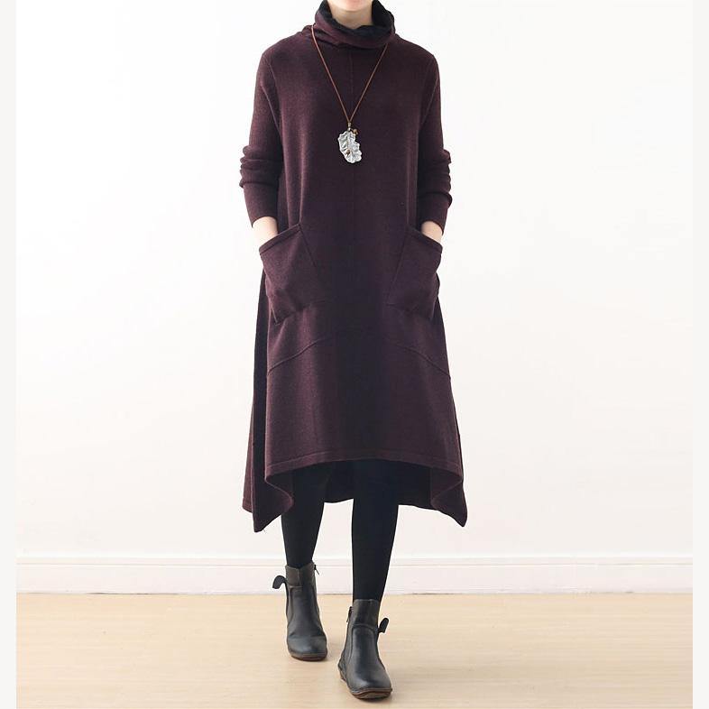 Cute burgundy Sweater dress outfit Moda Ugly spring high neck asymmetric knit top - Omychic