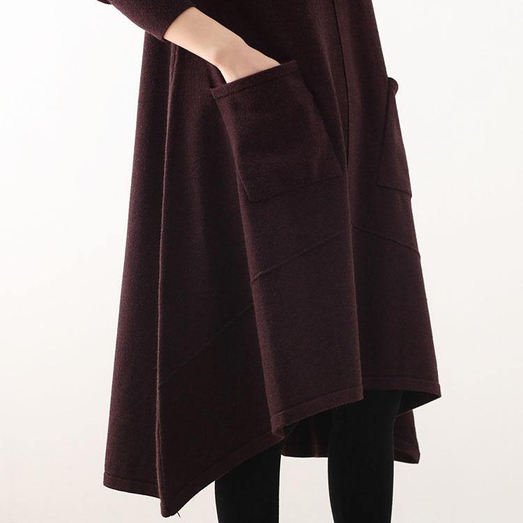 Cute burgundy Sweater dress outfit Moda Ugly spring high neck asymmetric knit top - Omychic