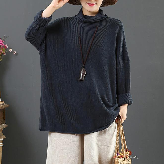 Cute gray blue knit blouse loose oversized high neck sweaters - Omychic