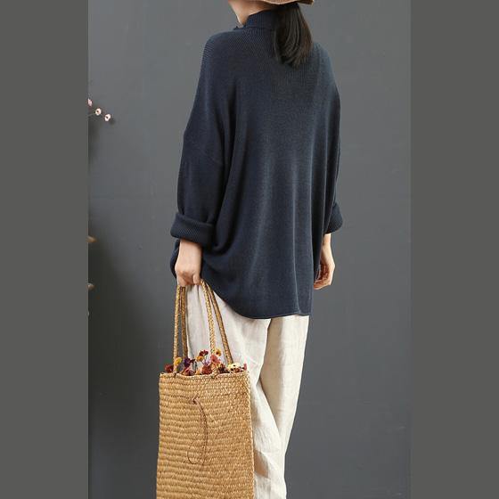 Cute gray blue knit blouse loose oversized high neck sweaters - Omychic
