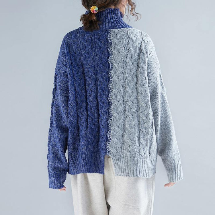 Cute gray blue patchwork  Blouse oversized back front open knitted blouse high neck - Omychic