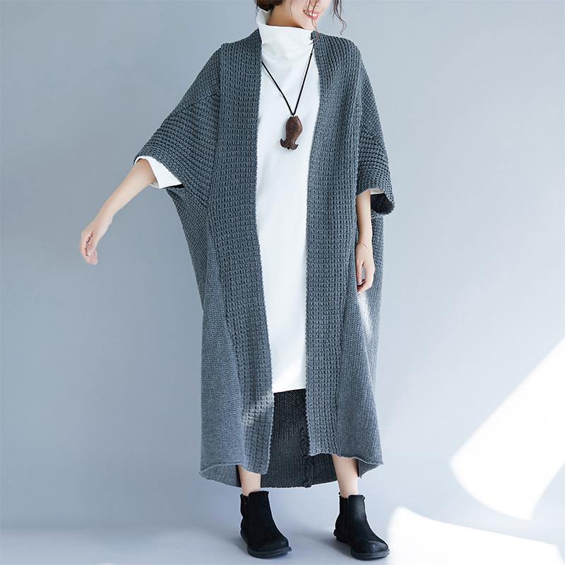 Cute gray knitted jackets oversized Batwing Sleeve knit outwear o neck - Omychic