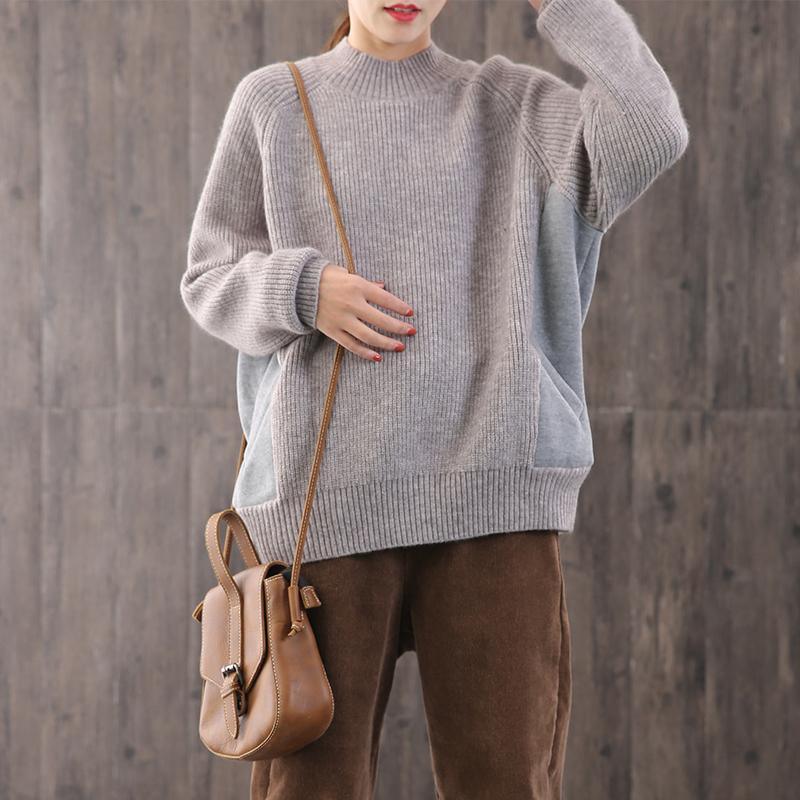 Cute gray knitted t shirt plus size winter knit sweat tops patchwork - Omychic