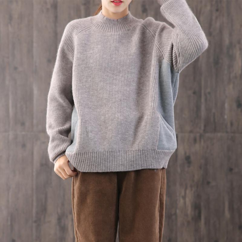 Cute gray knitted t shirt plus size winter knit sweat tops patchwork - Omychic