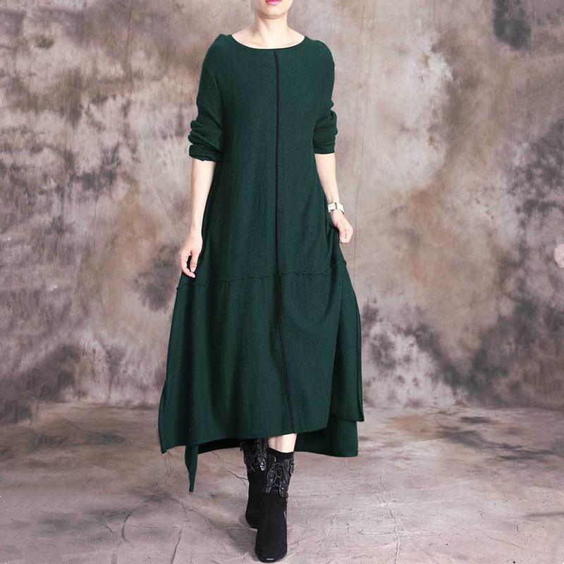 Cute green Sweater dress outfit DIY o neck asymmetric Art fall knit dresses - Omychic