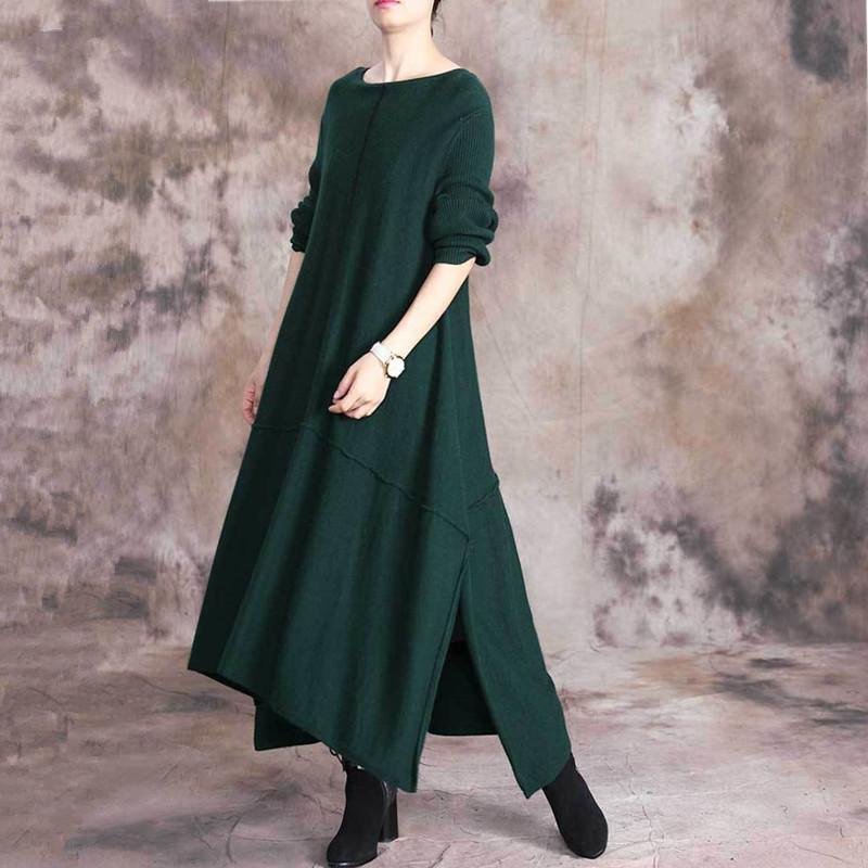 Cute green Sweater dress outfit DIY o neck asymmetric Art fall knit dresses - Omychic