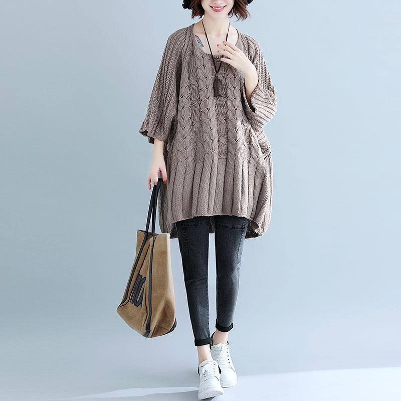 Cute hollow out knit blouse plus size beige sweaters bracelet sleeved - Omychic