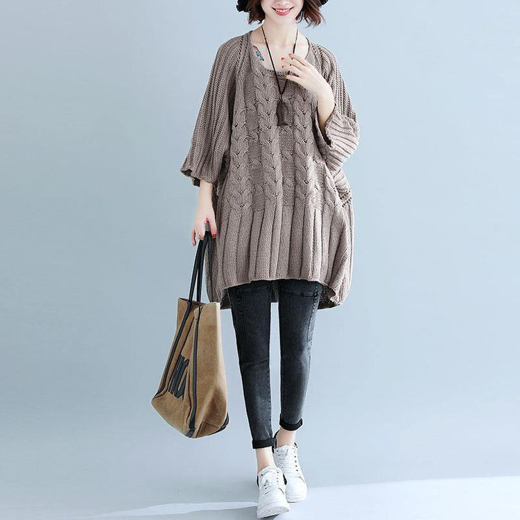 Cute hollow out knit blouse plus size beige sweaters bracelet sleeved - Omychic