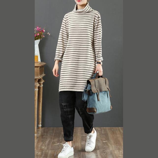 Cute khaki striped knit tops high neck Loose fitting wild sweaters - Omychic