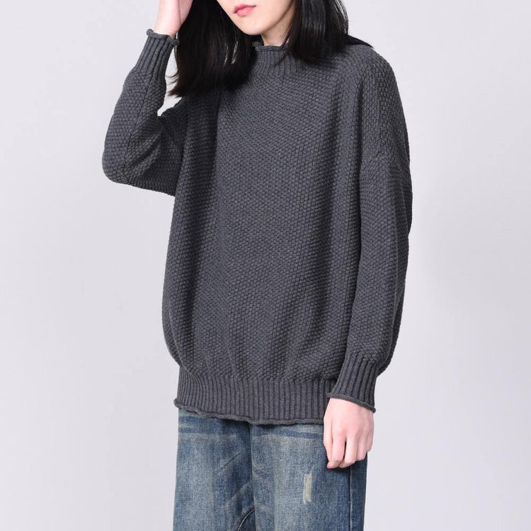 Cute long sleeve knitted pullover plus size gray slim knitwear - Omychic