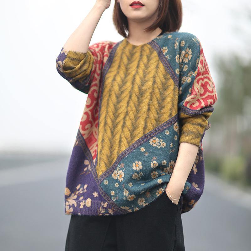 Cute patchwork knit blouse oversized fall knit tops o neck - Omychic