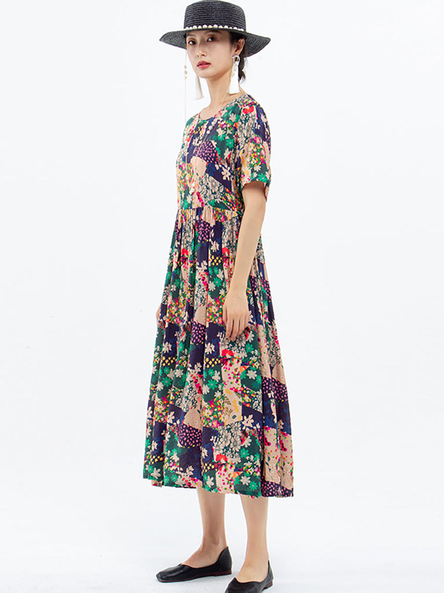 Women Floral Print Summer Loose Dress Short Sleeve
