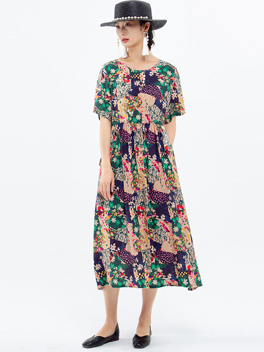 Women Floral Print Summer Loose Dress Short Sleeve