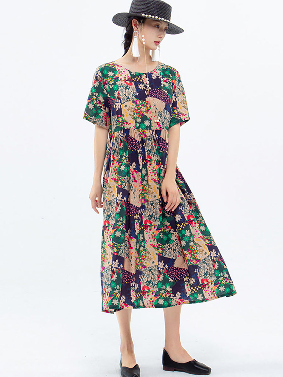 Women Floral Print Summer Loose Dress Short Sleeve