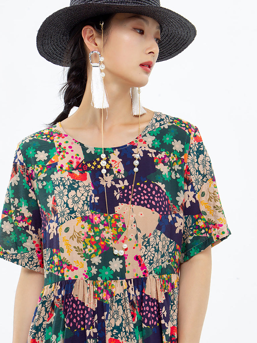 Women Floral Print Summer Loose Dress Short Sleeve