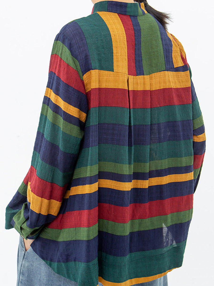 Plus Size Vintage Striped Cotton Shirt Long Sleeve