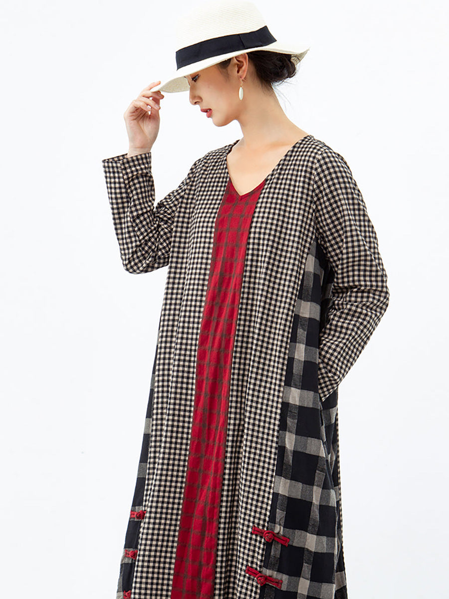 Plus Size Plaid V Neck Retro Cotton Linen Dress