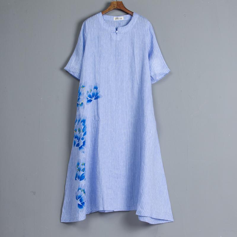 Round Neck Short Sleeve Pockets Stripe Blue Dress - Omychic