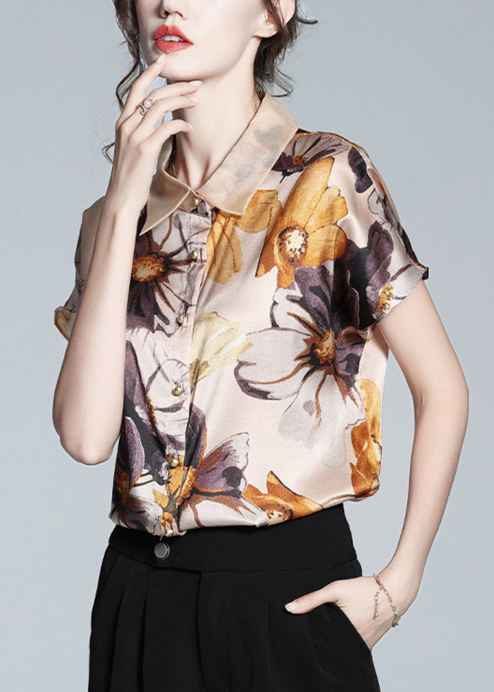 DIY Apricot Peter Pan Collar Print Button Silk Shirt Short Sleeve