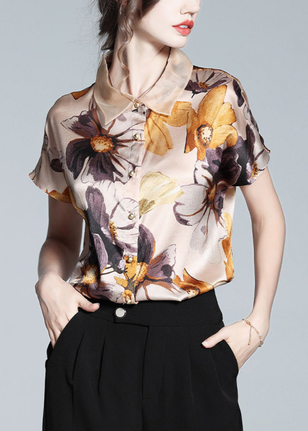 DIY Apricot Peter Pan Collar Print Button Silk Shirt Short Sleeve