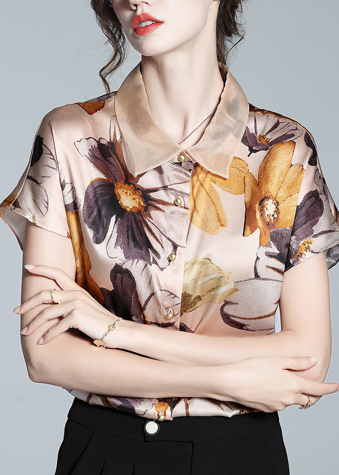 DIY Apricot Peter Pan Collar Print Button Silk Shirt Short Sleeve