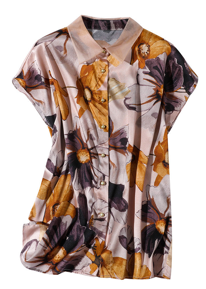 DIY Apricot Peter Pan Collar Print Button Silk Shirt Short Sleeve