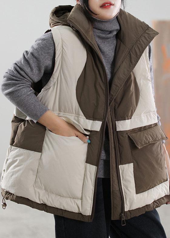 DIY Beige Zip Up Patchwork Sleeveless Duck Down vest - Omychic