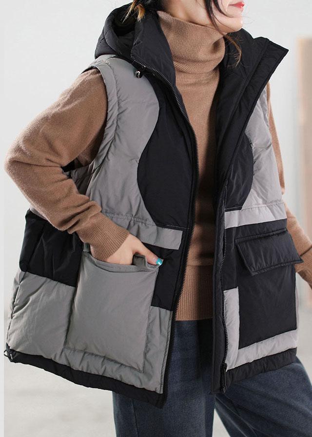 DIY Beige Zip Up Patchwork Sleeveless Duck Down vest - Omychic