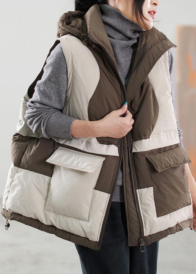 DIY Beige Zip Up Patchwork Sleeveless Duck Down vest - Omychic