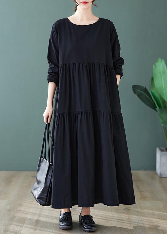 DIY Black Dresses O Neck Cinched Maxi Spring Dress - Omychic