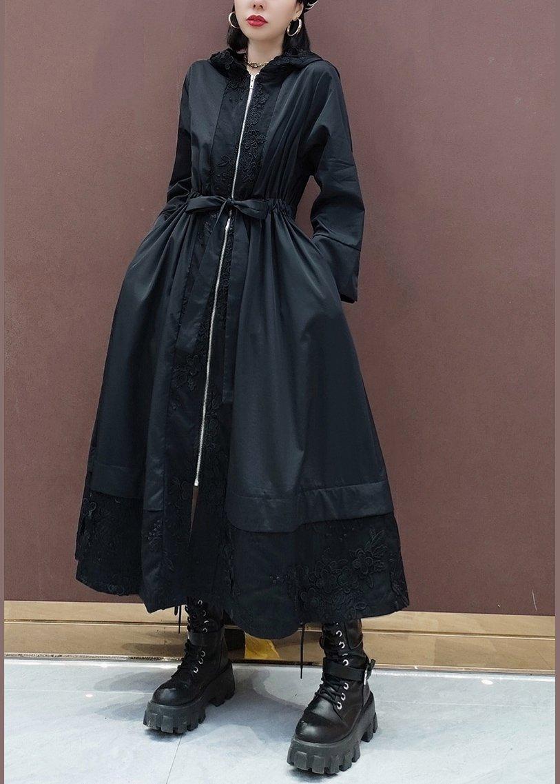 DIY Black Embroidery Plus Size Tunic Coats Inspiration Hooded Spring Coat - Omychic