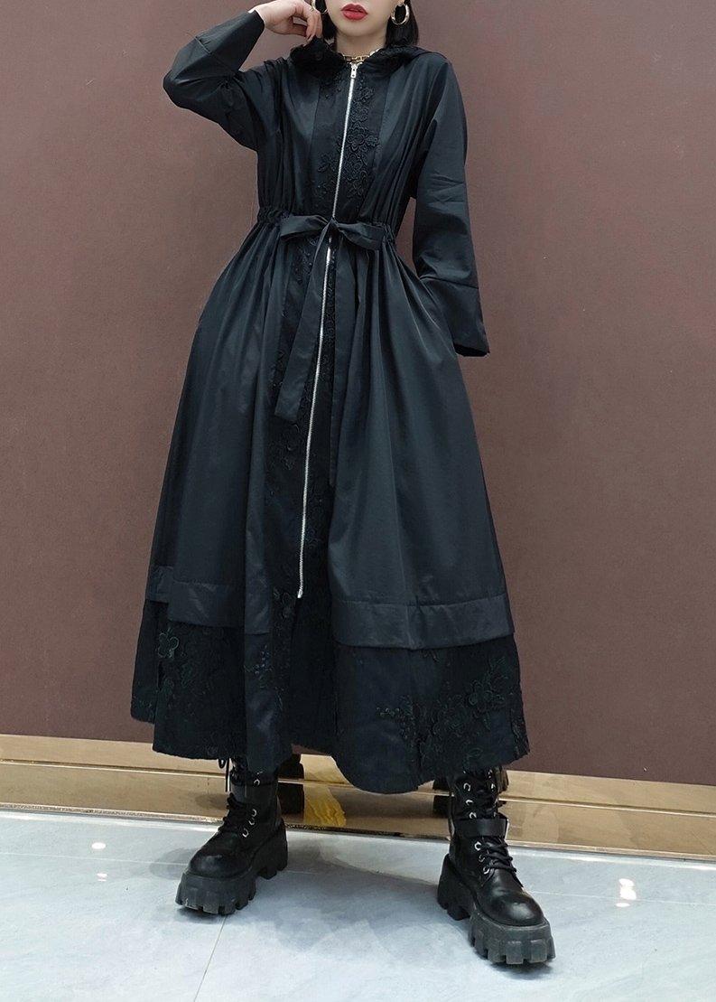 DIY Black Embroidery Plus Size Tunic Coats Inspiration Hooded Spring Coat - Omychic