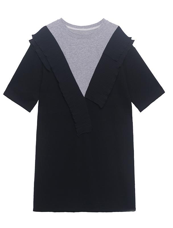 DIY Black Patchwork Grey Cotton Ruffled Summer Dress - Omychic