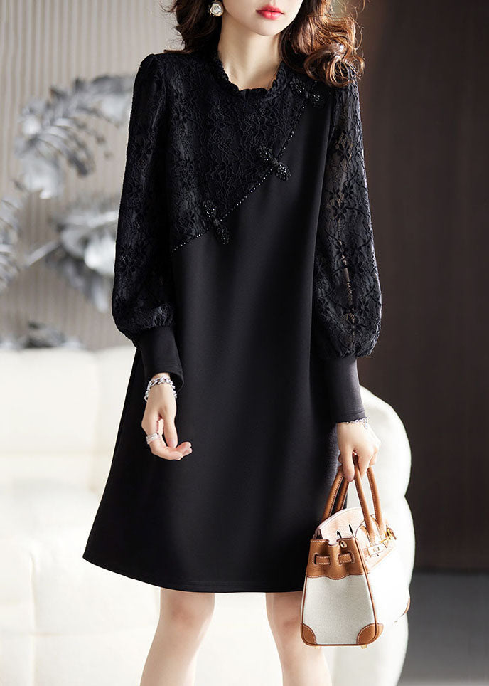 DIY Black Ruffled Lace Patchwork Mid Dresses Long Sleeve