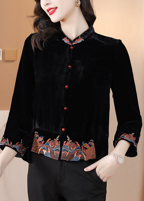DIY Black Stand Collar Embroideried Silk Velour Coats Fall