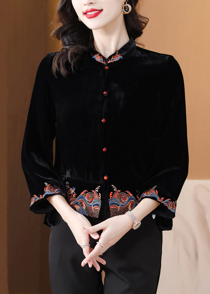 DIY Black Stand Collar Embroideried Silk Velour Coats Fall