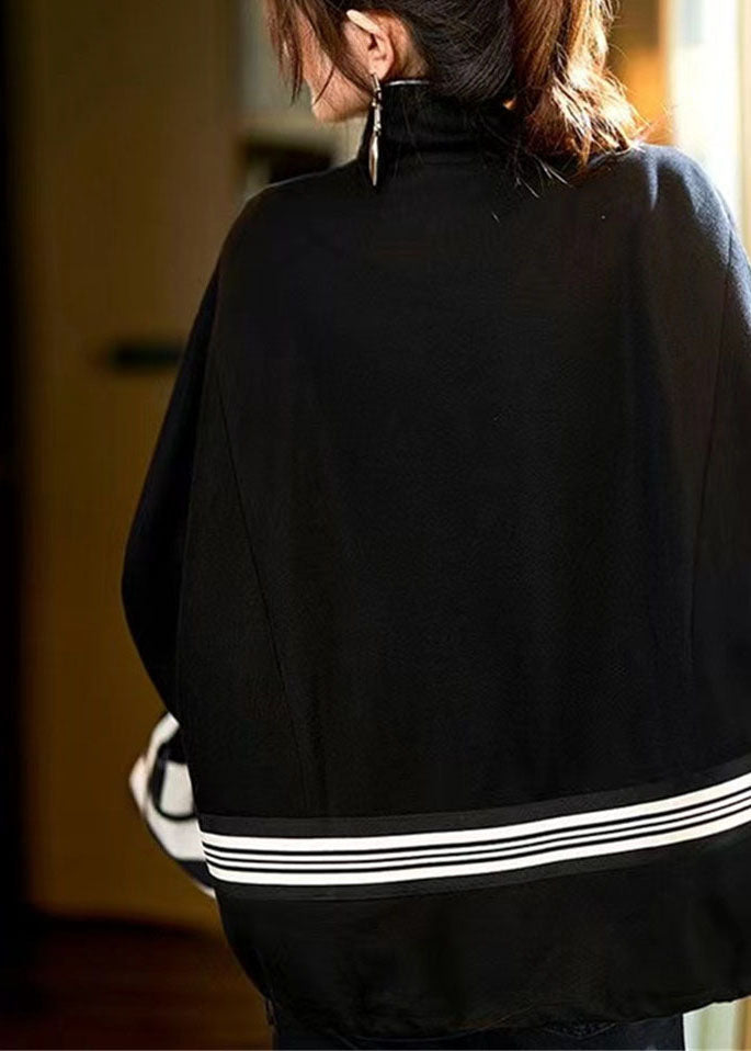 DIY Black Stand Collar Zippered Drawstring Patchwork Jackets Fall