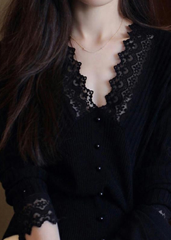 DIY Black V Neck Nail bead Lace Patchwork Woolen Top Long Sleeve