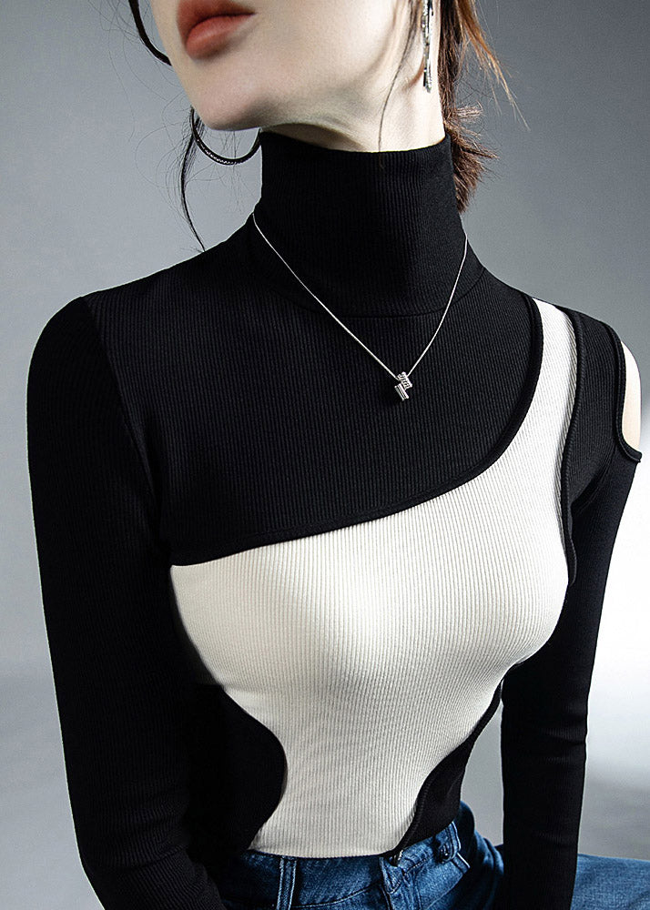 DIY Black White Colour Turtleneck Patchwork Top Long Sleeve