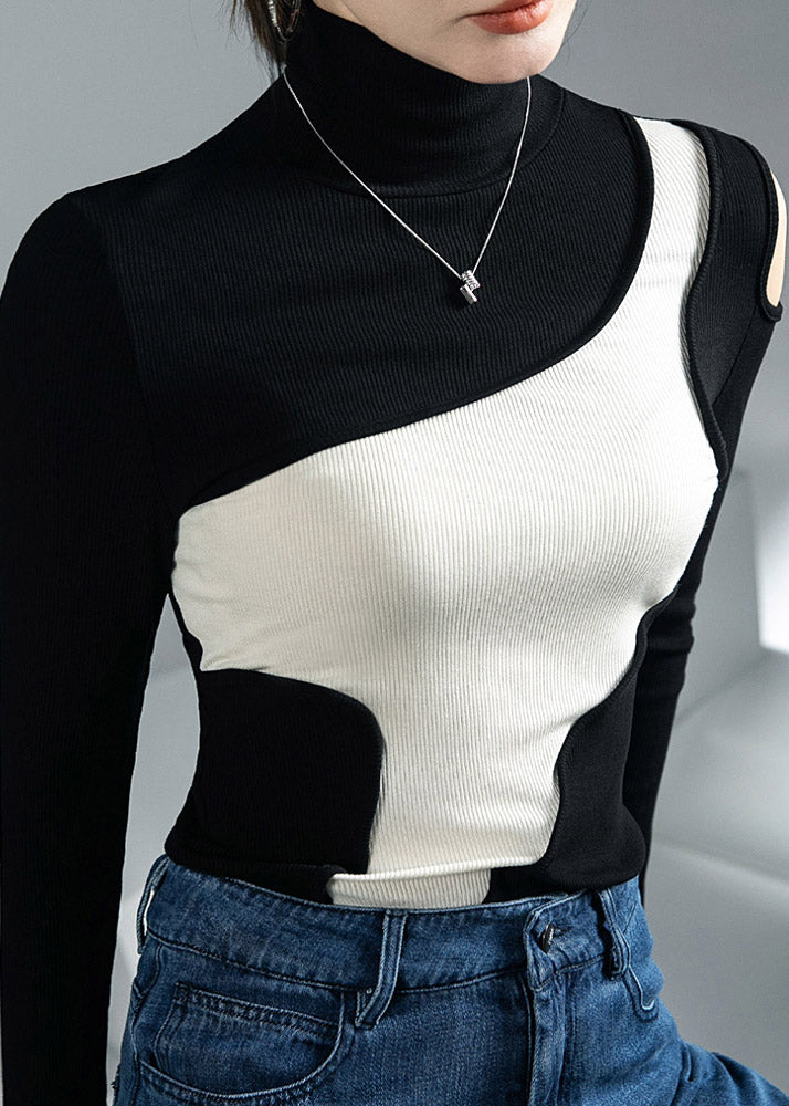 DIY Black White Colour Turtleneck Patchwork Top Long Sleeve
