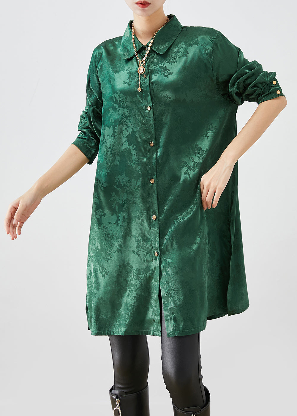 DIY Blackish Green Jacquard Side Open Draping Silk Long Shirt Fall