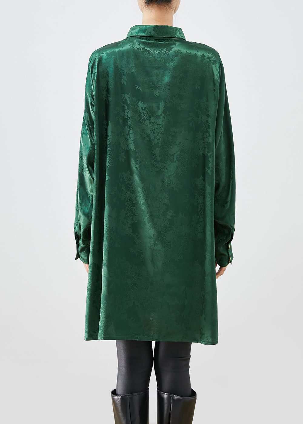 DIY Blackish Green Jacquard Side Open Draping Silk Long Shirt Fall