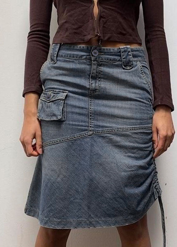 DIY Blue Cinched Pockets Asymmetrical Patchwork Denim Skirt Fall