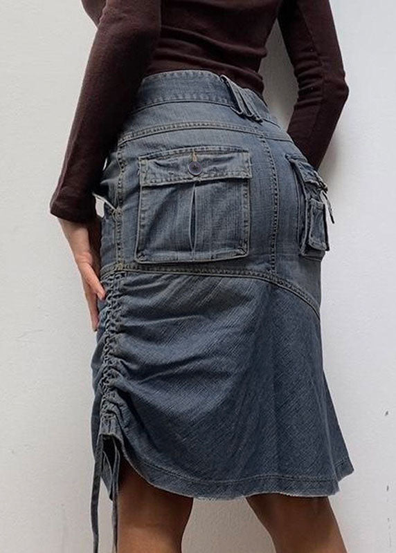 DIY Blue Cinched Pockets Asymmetrical Patchwork Denim Skirt Fall