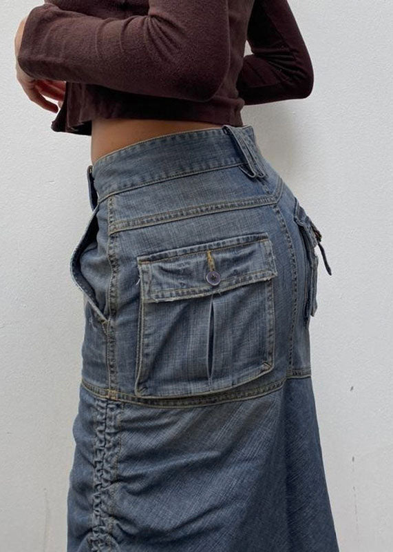 DIY Blue Cinched Pockets Asymmetrical Patchwork Denim Skirt Fall