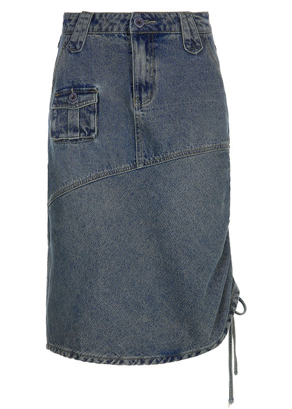 DIY Blue Cinched Pockets Asymmetrical Patchwork Denim Skirt Fall